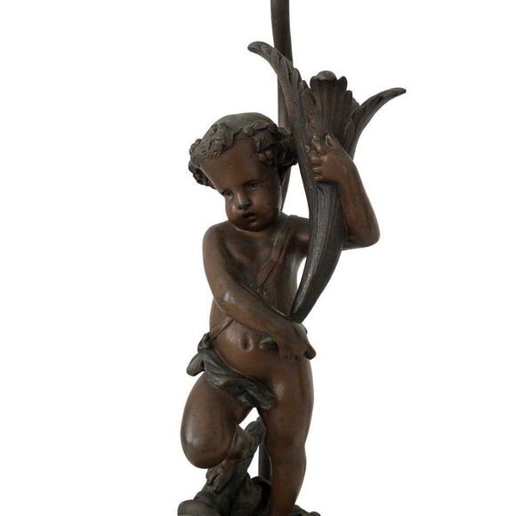 Antique Rococo Cherub Statue Bronze Table Lamp Marble Base - Picture 2 of 9